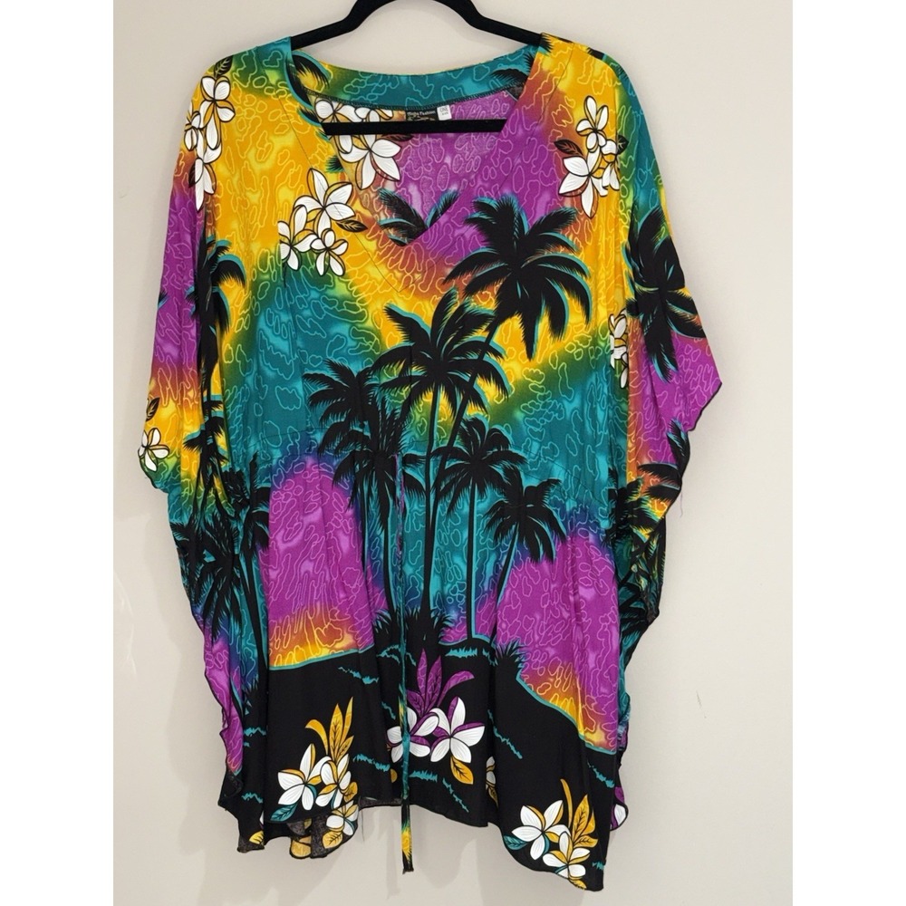 Aloha‎ Fashion Hawaiian Print Kaftan Top Rayon Drawstring OS Tropical Tunic